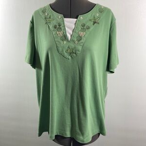 Rebecca Malone Top Women Size 1X Green Detailed Neckline Short Sleeves